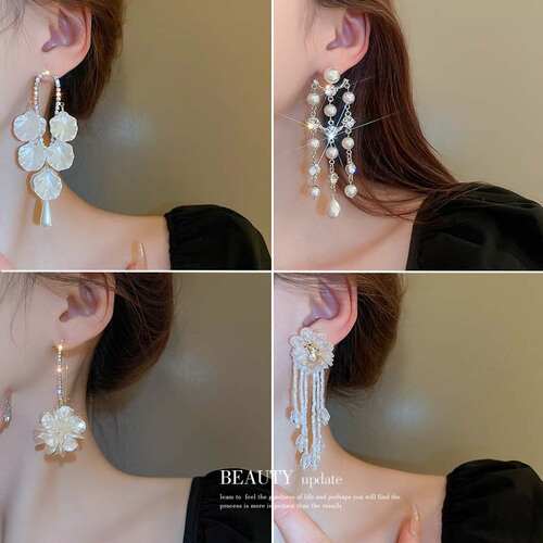 Silver Needle French Retro Baroque Pearl Flower Tassel Earrings Fashion Personalized Earrings Niche High-end Earrings