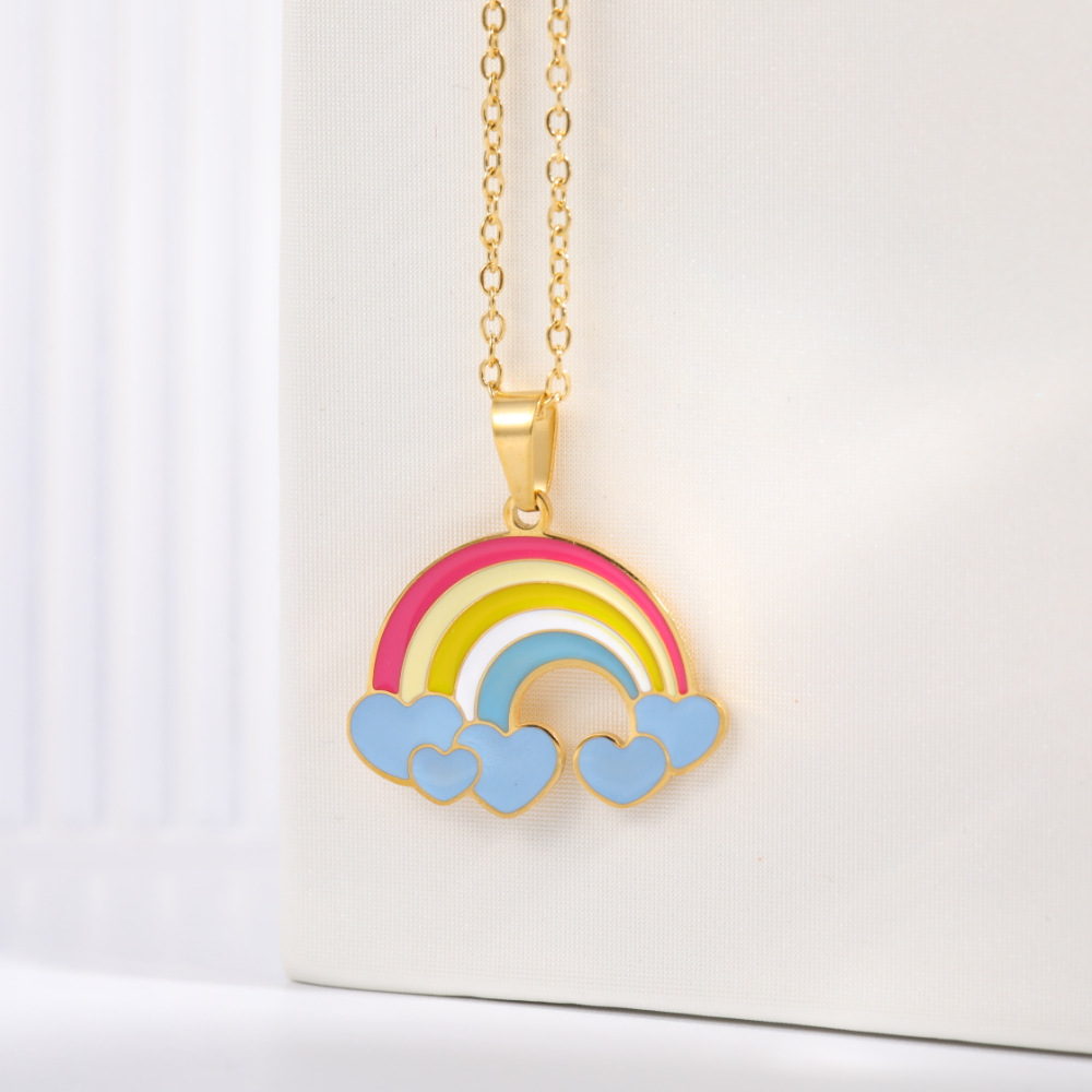 Fashion Simple New Sweet Cute Drop Oil Rainbow Heart Pendant Stainless Steel Necklace
