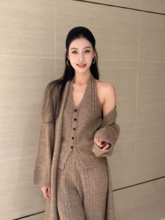 外套三件穿高级春秋套装针织新款叠洋气时尚感慵懒风阔腿裤套装女