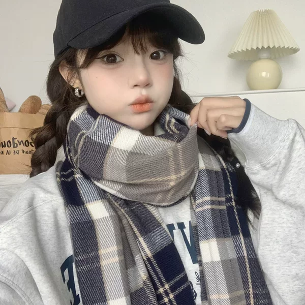 Japanese Jk College Style Plaid Scarf for Women, Winter High-End Korean Version Versatile Student Couple Winter Warm Neck Scarf