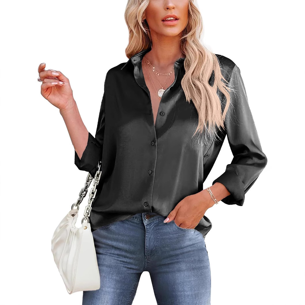 재고 유럽과 미국의 대외 무역 여성 의류 2024 봄 새로운 아마존 새틴 긴 소매 V-넥 오피스 비즈니스 셔츠