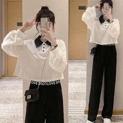 女の子春と秋のガードルの洋風スーツの中の子供の韓国版poloシャツの広い足のズボンの2つのセットの流行の子供の代行