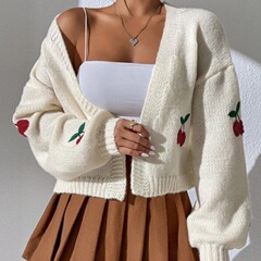 外贸欧美亚马逊秋冬樱桃刺绣毛衣 无扣外搭宽松休闲女装针织开衫