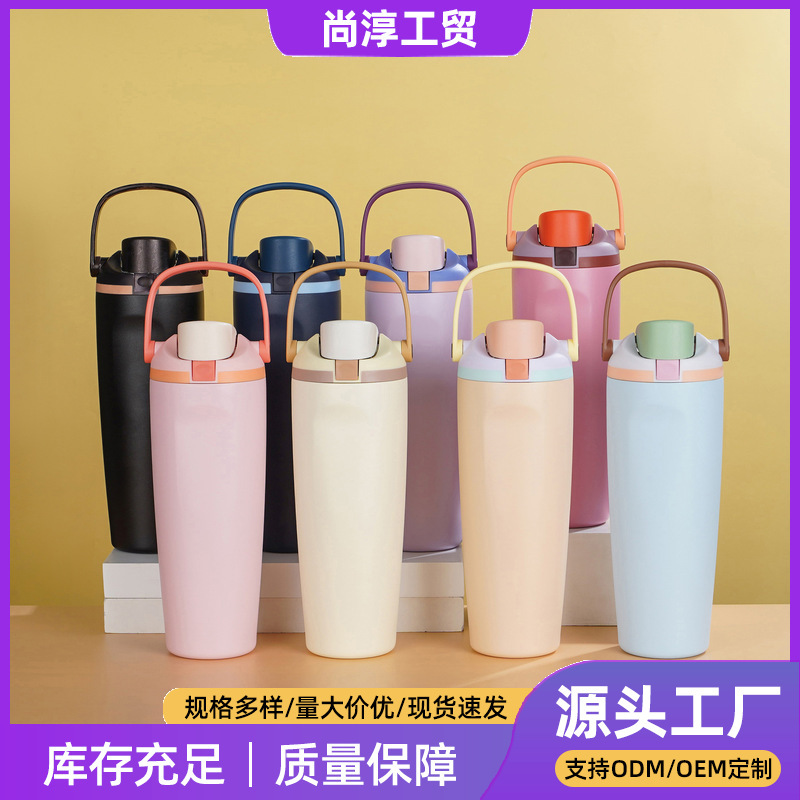 Cross-Border New Portable Straw Customized Double-Layer Vacuum Handle Fruit Cup Portable Outdoor Car Cup Wholesale