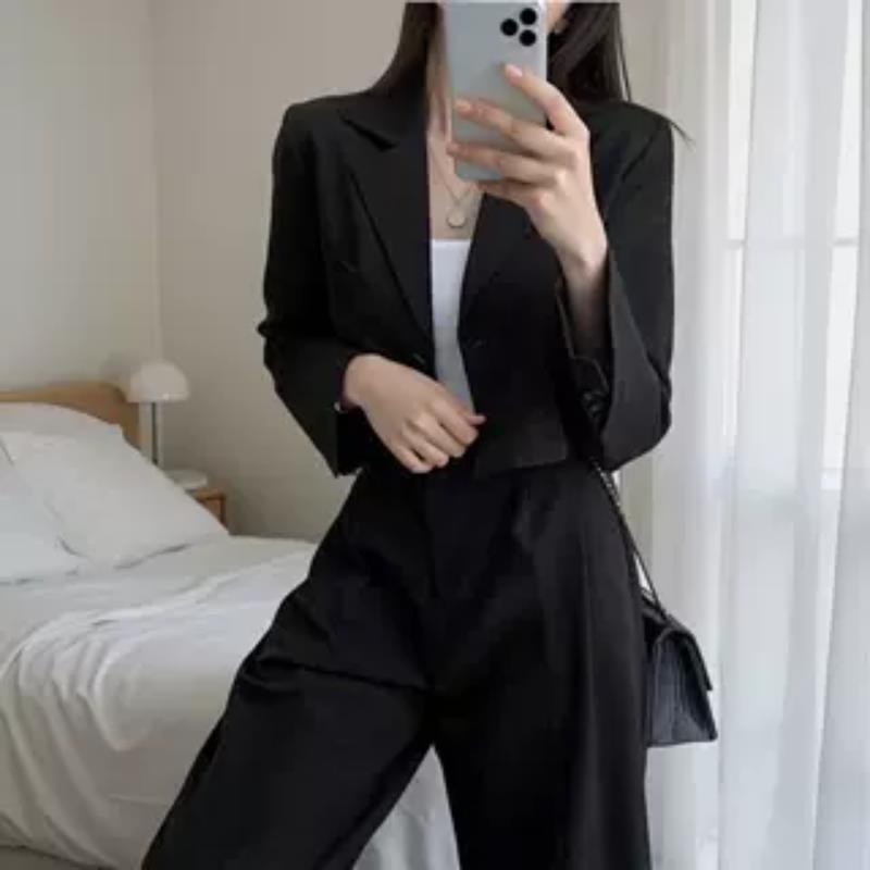 Women's Spring and Autumn New Style Personalized Short Small 2025 Retro Temperament Suit Suit Jacket High Waist Slim Wide Leg Pants Women's Spring and Autumn New Style Personalized Short Small 2025 Retro Temperament Suit Suit Jacket High Waist Slim Wide Leg Pants