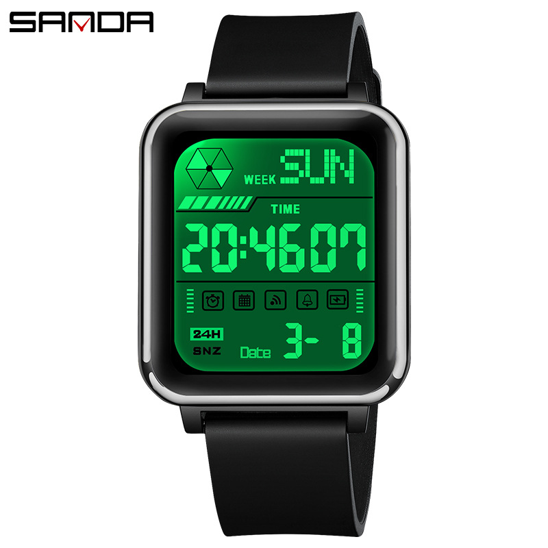 Sanda moda cuadrada personalidad reloj masculino y adolescente impermeable reloj electrónico multifuncional de luz nocturna
