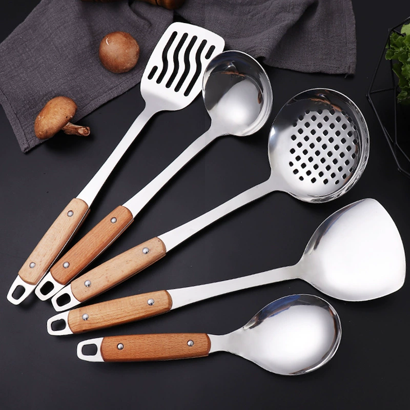 Кухонный набор: большая дуршлаг с деревянной ручкой, лопатка для готовки, ложка для готовки, оптом, утолщенная, немагнитная, из нержавеющей стали, набор лопаток и дуршлага