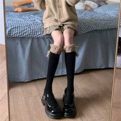 Fall/Winter Warm Mid-Calf Socks with Lambswool, Black & Brown Hemmed Half-Calf Socks, Long Leggings, Calf-Length Socks, Plus-Size Lolita Style JK Socks