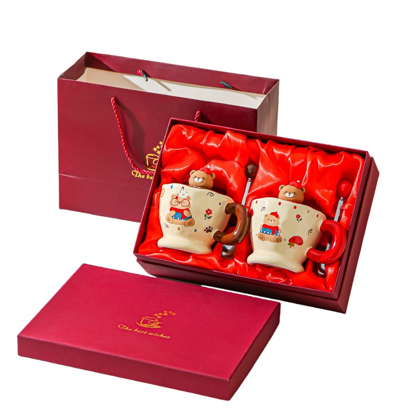 Creativa encantadora caricatura de cerámica tazas de marca pareja de tazas un par de tazas caja de regalo de boda regalos de mano