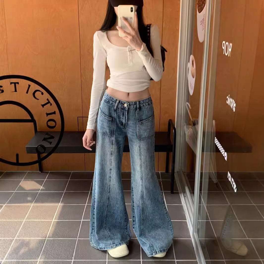 블루 플레어 청바지 여자 2025 년 봄과 가을 느슨한 슬림 넓은 다리 바지 레트로 하이 웨이스트 올 매치 걸레 바지