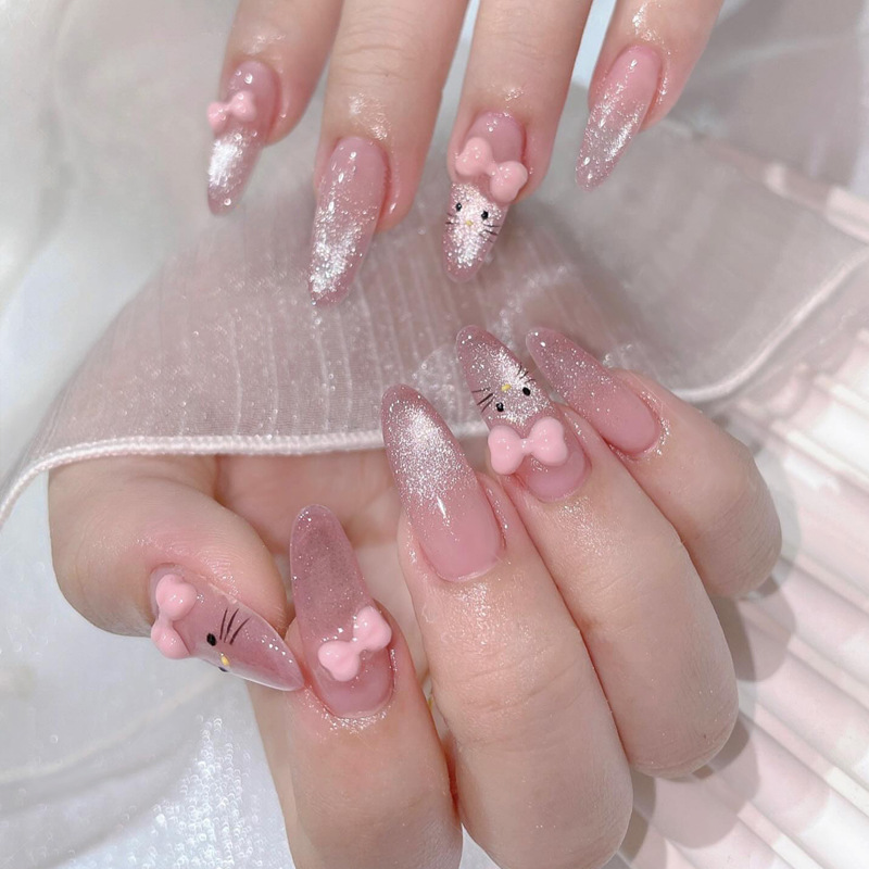 Handmade Wearable Nails 10 Pieces Soft Girl Style Honey Pink Cat Eye Magnetic Gradient Finished Nail Patch Removable