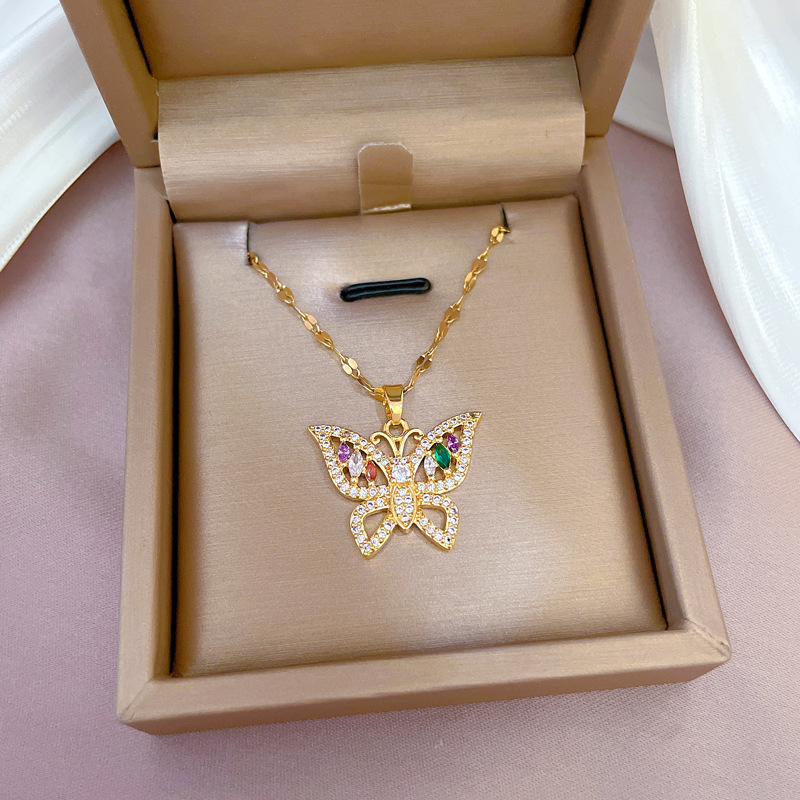 Ethnic Style Butterfly Titanium Steel Copper Inlay Zircon Pendant Necklace 1 Piece