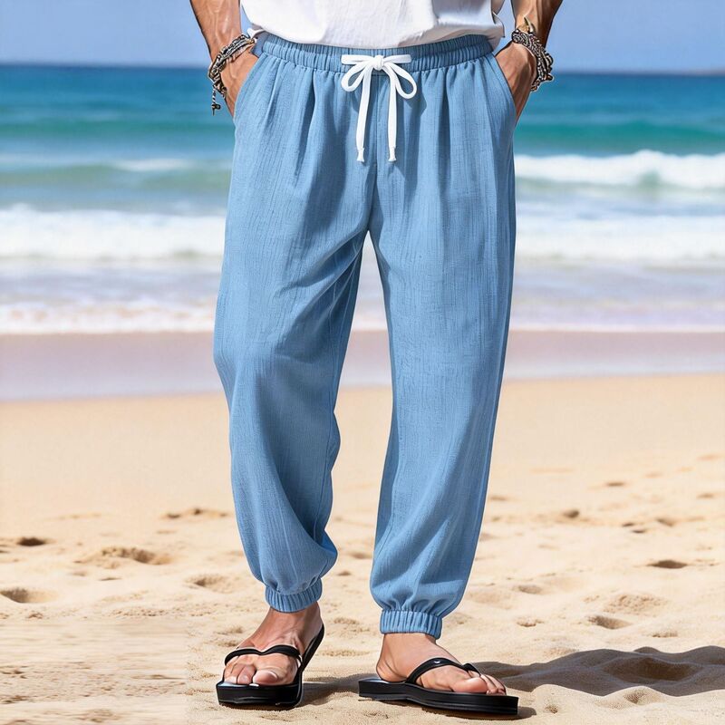 2025 New Men's Cotton and Linen Cropped Pants for Autumn, Jogger Pants with Elastic Waist, Cuffed Hem, Mid-Waist, Solid Color, Comfortable and Breathable