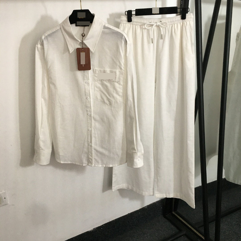 2025 Nanyou New Linen Suit with Logo Embroidery Pocket Long-Sleeve Shirt + Elastic High-Waisted Wide-Leg Pants for Women