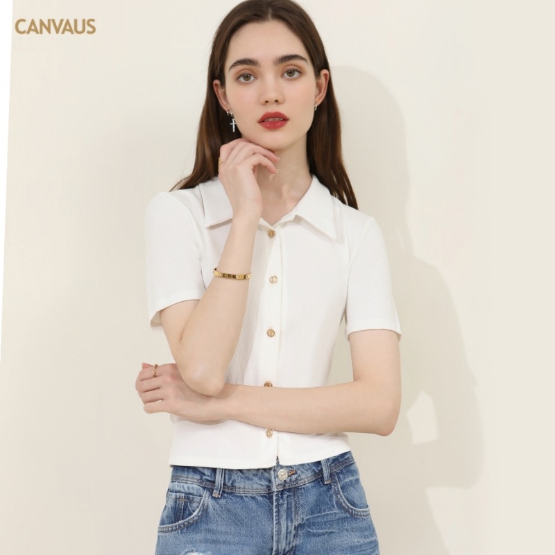 CANVAUS ropa de mujer nuevo color puro simple camisa de polo delgada de manga corta Camiseta de mujer BM estilo solapa adelgazar Top Ahora
