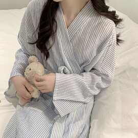 韩国ins女士春睡袍新款条纹印花宽松系腰带家居服女士浴袍睡衣女