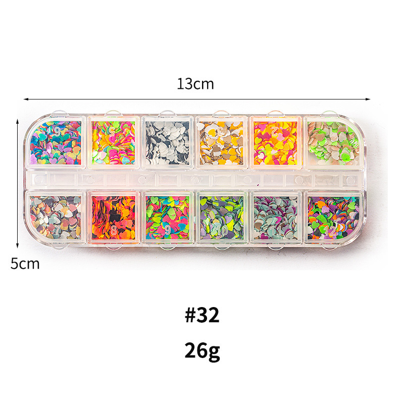 Taifei uñas caja de tira larga lentejuelas 12 rejilla caja de tira larga parche de uñas DIY uñas lentejuelas uñas traje de joyería