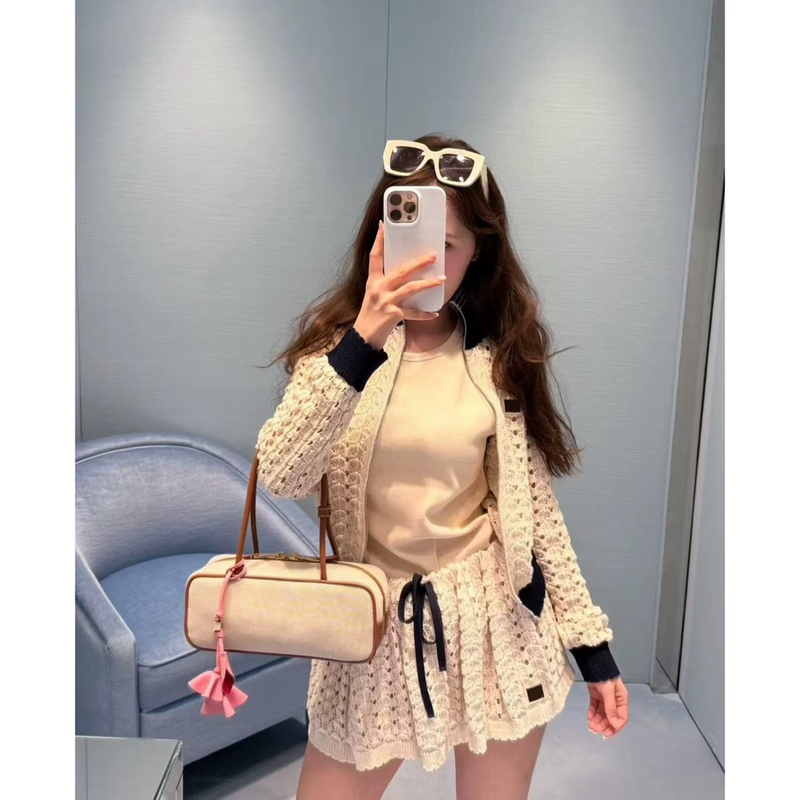 2026 Early Spring New Nanyou m Series Sweet Girly Style Zipper Patchwork Color-Blocking Stand Collar Hollow-Out Knit Cardigan for Women