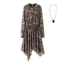 现货2025秋季新款复古印花腰身不规则下摆长袖连衣裙女RL91101391