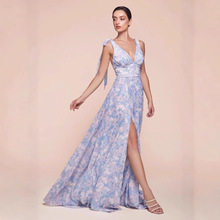 2025跨境货源新款欧美女装雪纺印花大摆长裙挂脖开叉度假风连衣裙