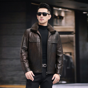 Winter Leather Jacket, First-Layer Cowhide Men's down Lining, Genuine Leather, Removable Mink Fur Collar Jacket, Casual Middle-Aged