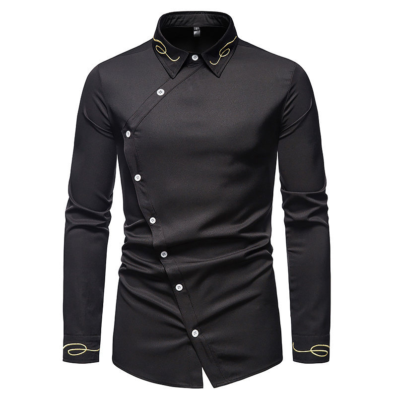 Frühling/Sommer Neue Europäische Trendy Bestickt Slanted Forefront Western Denim Herren Langarm Hemd_voghion.com