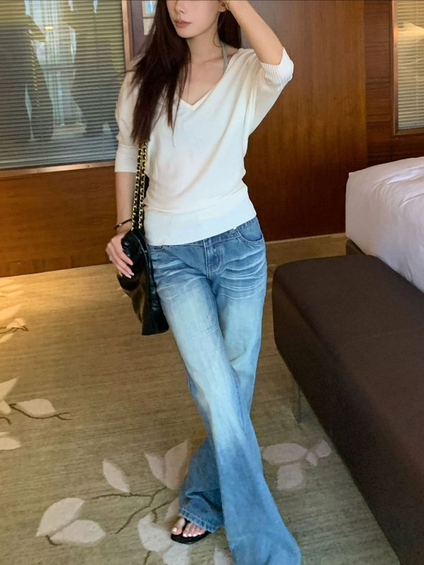 SUNONEOE 花边蕾丝微喇修身牛仔裤女夏秋低腰磨白美式休闲喇叭裤|undefined