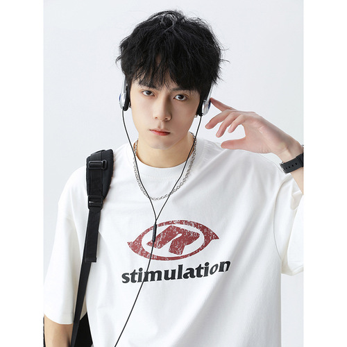 Color-block letter print short-sleeve t-shirt for men, summer round neck t-shirt, Japanese-style loose texture pure cotton half-sleeve q