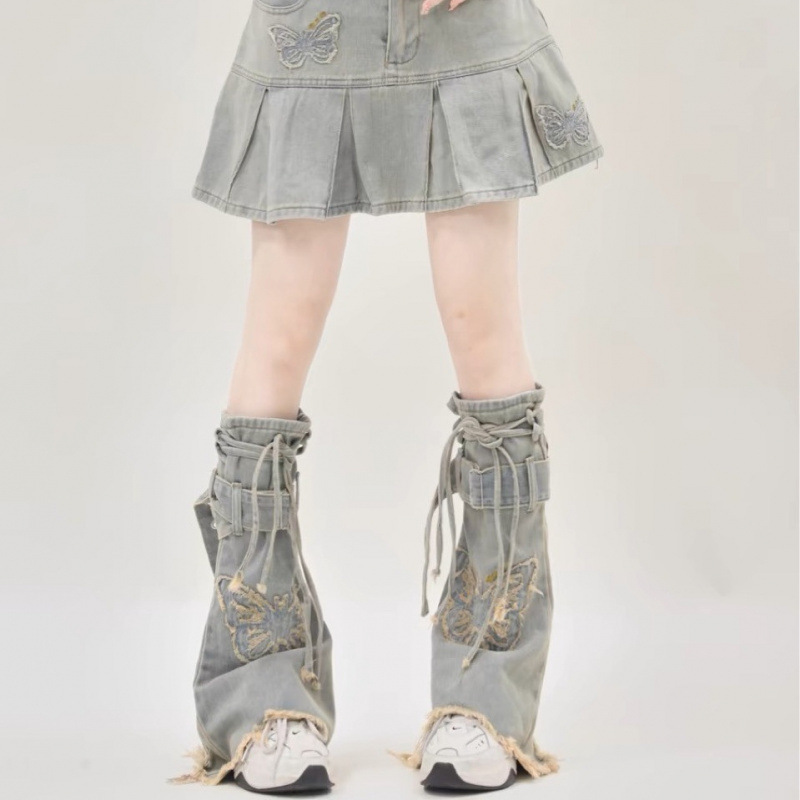 Cross-border Retro Old Butterfly Leg Set Denim Women's Summer 2024 New Design Sense All-match Slimming Stacked Socks