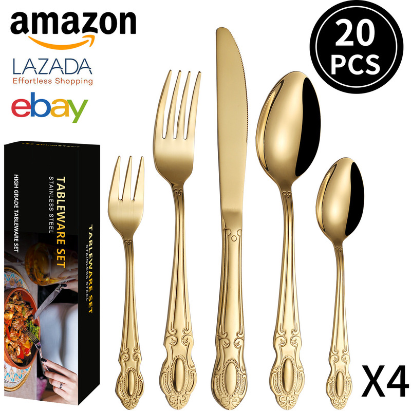 Cross-border Amazon gem stainless steel tableware 20 pieces suit family party Restaurant Hotel steak knife, fork and spoon
