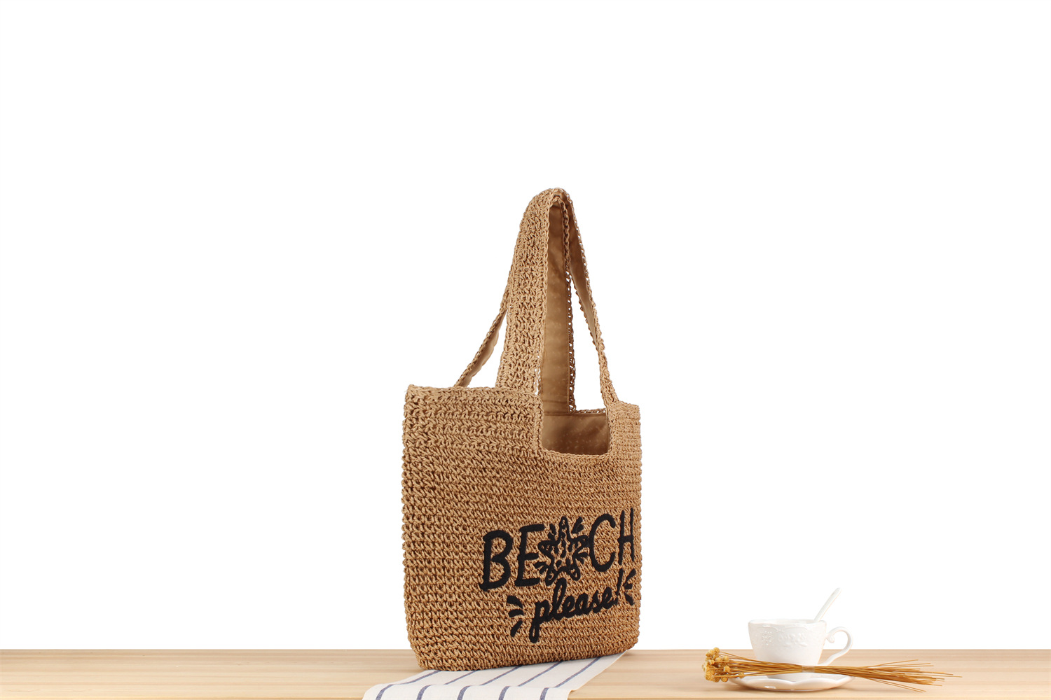 Polyester Cotton Lining Material Women's Beach Classic Style Solid Color Paper String Shopping Bags