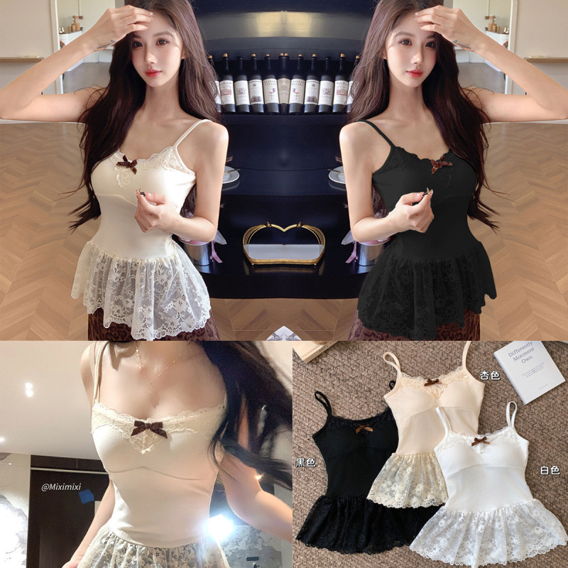 French Style Bow Stacked Wearing White Lace Camisole Women's Autumn and Winter Sweet Spice Bottoming Shirt Sleeveless Top Early Spring