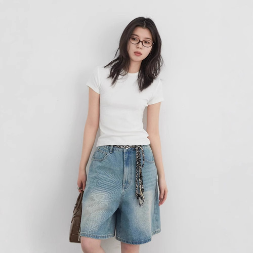 ONEUP Plain Substitute American White Shoulder Round Neck Short Sleeve T-Shirt Women's Summer Underwear Tank Top Tight Sports Top 