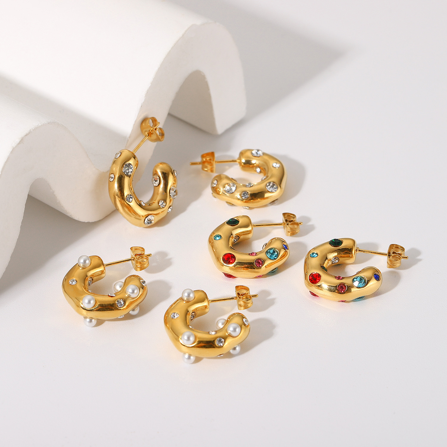 Retro Stainless Steel Geometric Pattern Earrings Daily Electroplating Artificial Pearl Zircon Stainl