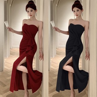 97 Black Strapless Evening Dress Adult Ceremony Elegant Banquet Host High-end Light Luxury Niche Fishtail Dress
