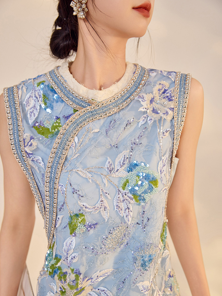 Váy sườn xám maxi thêu sequin phong cách Trung Quốc mới mùa hè N5042 — hồng, Xanh lam sông băng