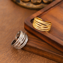 欧美ins风不锈钢线条戒指女个性小众设计开口调节18K镀金钛钢戒指