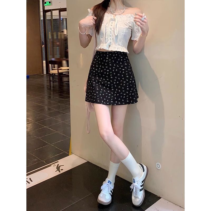 サマースカート 新作花柄スカート 小柄スカート レディース ハイウエスト 露出防止 Aラインスカート 黒ショートスカート|undefined