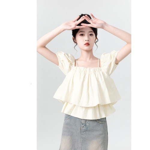 Apricot One-Shoulder Straps Bubble Sleeve Girls' Summer 2025 Unique Square Collar Short-Sleeve Shirt Short Top
