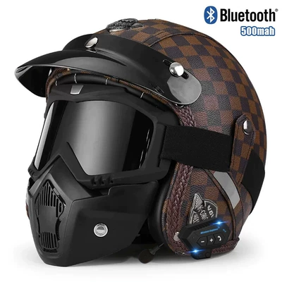 retro helmet men's and women's Motosiklet kaskı (dəbilqə) - v-brown-checkerboard-mask-bluetooth-s