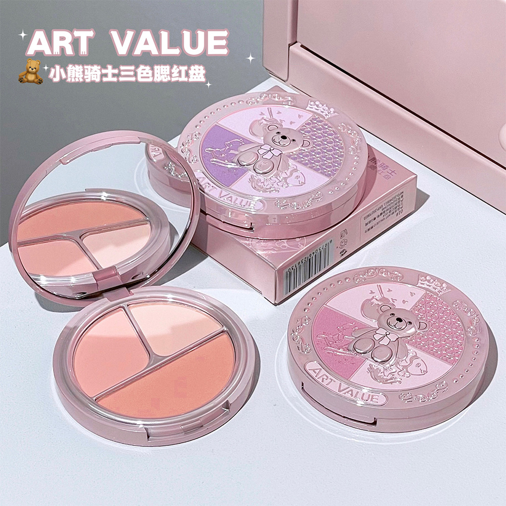 Art Value's new Bear Knight Three-color Blush plate, Rouge Plate, Makeup, Contouring and Highlighter all-in-one plate for export Specification drawing