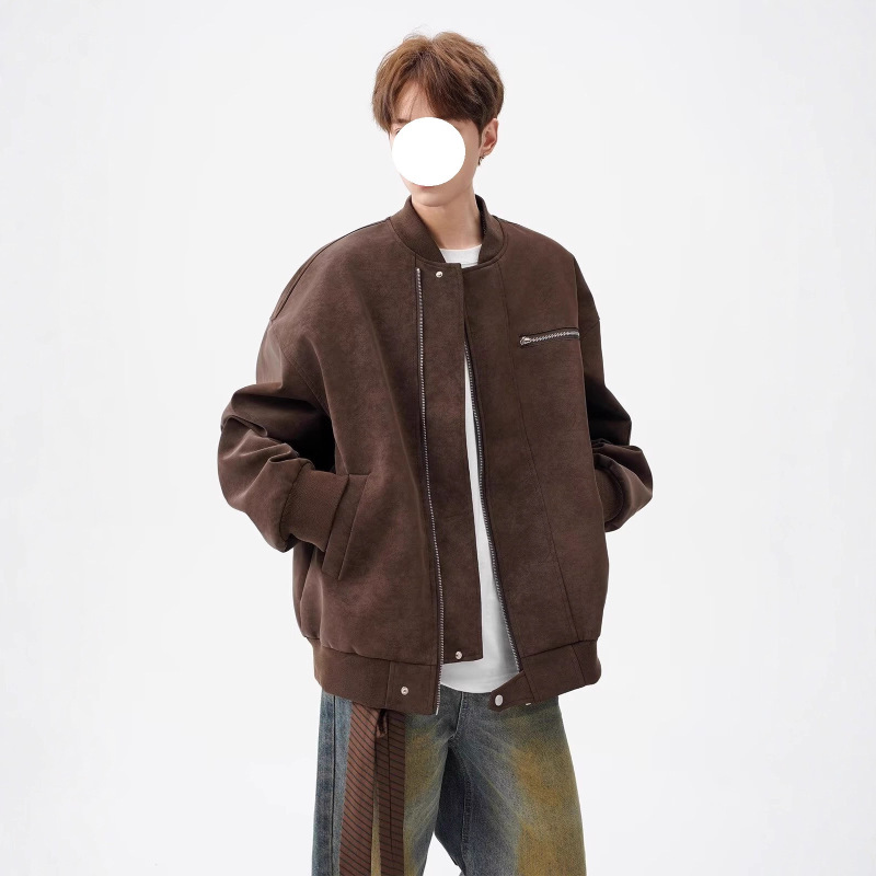 美式vintage棒球服男秋高街痞帅扎染皮夹克设计感短款工装外套潮|undefined