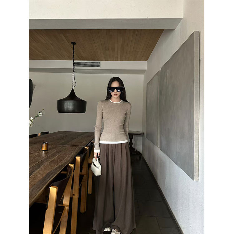 5werkwen Loro Pian*假两件 三色2/45支6mie假两件坑条打底衫秋冬|undefined
