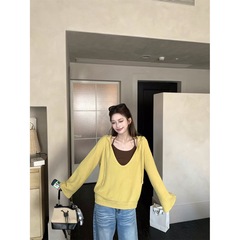 实拍 抽绳连帽深V领外搭长袖针织衫女早秋新款休闲宽松外套87637