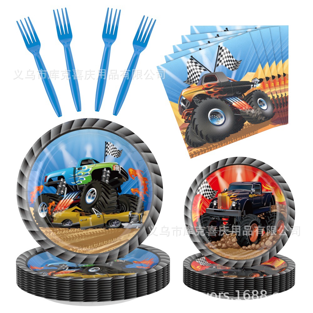 Camión cross-border tema de fiesta decoración niño cumpleaños bandeja de papel desechable tazas de papel toallas de papel set de cubiertos