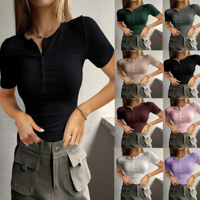 Spring and summer 2024 cross-border Amazon wish European and American ebay women's new short sleeve button rib slim knit fir