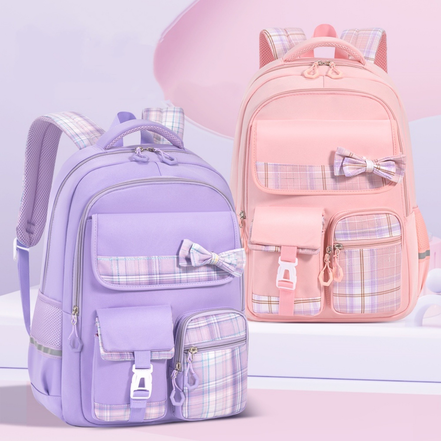Neues grenzüberschreitendes Schleife-Dreibestandteile-Set Schulrucksack große Kapazität Doppeltragegurte für Mittel- und Oberschülerinnen sowie Studentinnen