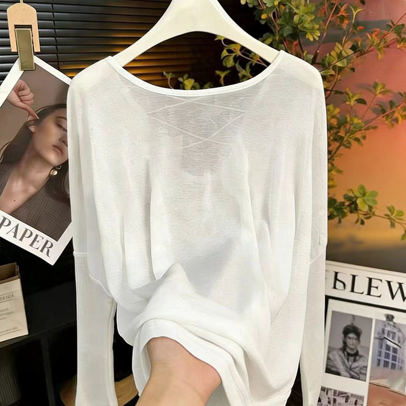 Summer New Style Bamboo Cotton Long-Sleeve Hollow-Out Sun-Protective Women's High-End Thin Transparent Outerwear Top with Cross-Back Knit Design Summer New Style Bamboo Cotton Long-Sleeve Hollow-Out Sun-Protective Women's High-End Thin Transparent Outerwear Top with Cross-Back Knit Design