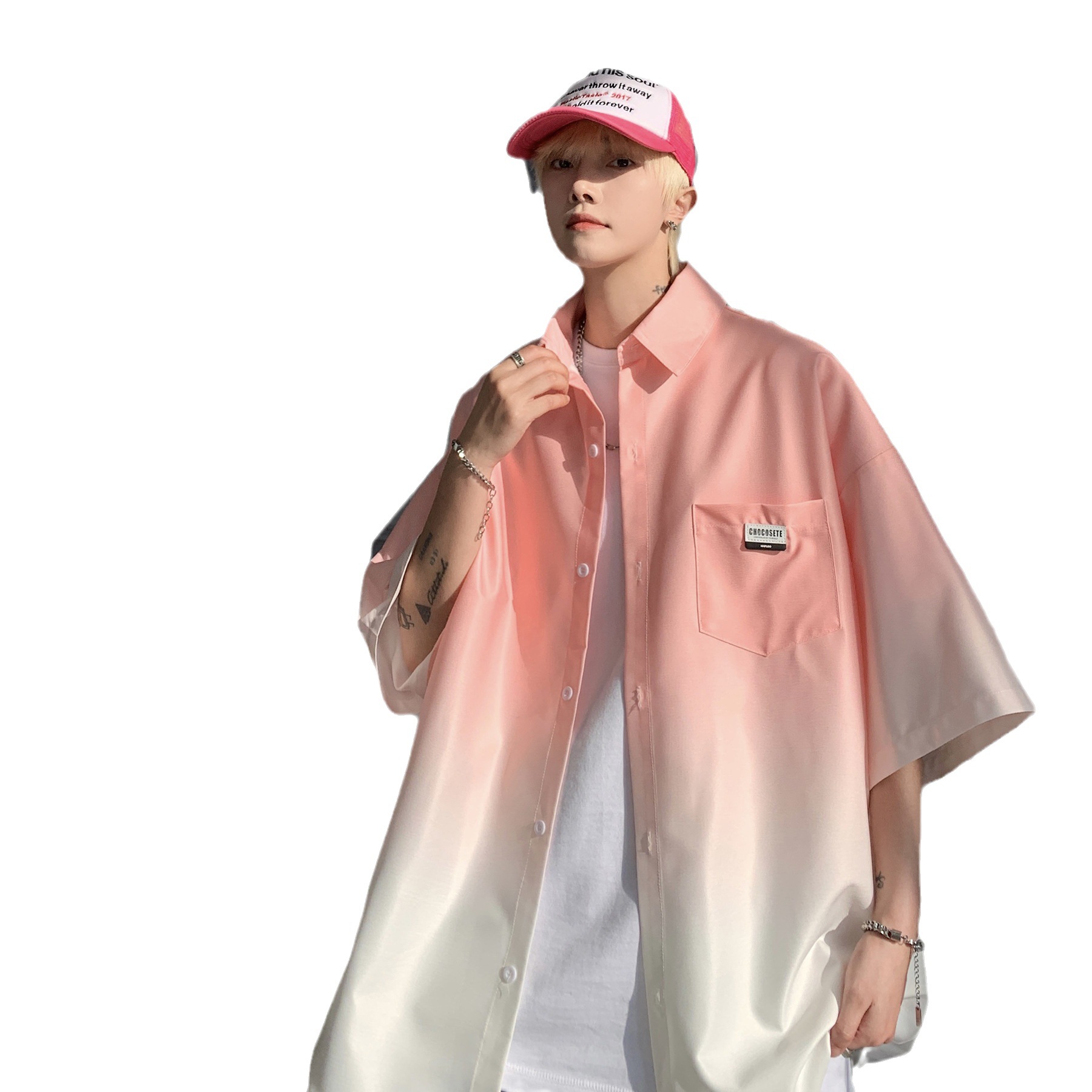 Gradiente camisa de manga corta de los hombres de verano delgada suelta más tamaño casual media manga camisa americana High Street moda marca abrigo