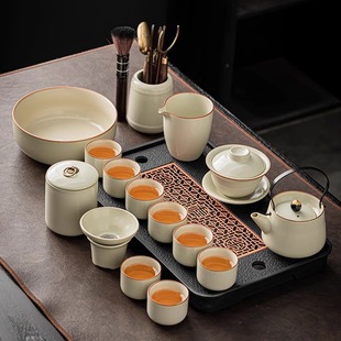 Beige Ruyao Kung Fu Tea Set suit Household Ceramic Teapot Teacup Tea Tray Office Meeting Guests Tea Chinese Style Complete Set
